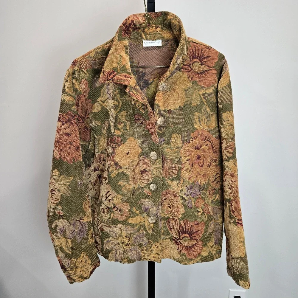 Vintage Coldwater Creek Tapestry Floral‎ Blazer Jacket Cottage Coastal Grandma M